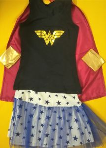 Adult Female Costumes to Hire - Wonder Woman - top, white star skirt with tulle, red cape & arm pieces